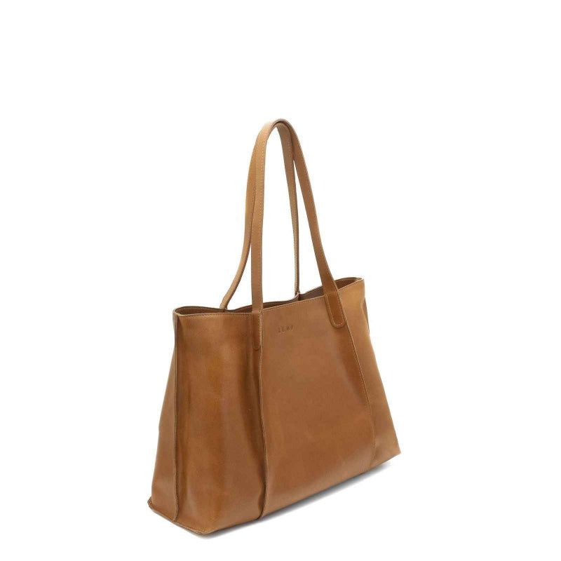 Brown leather tote bag on a white background