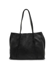 Black leather tote bag on a white background