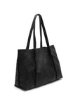 Black leather tote bag on a white background