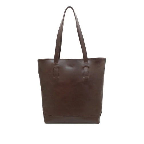 Brown leather tote bag on a white background