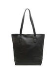 Black leather tote bag on a white background