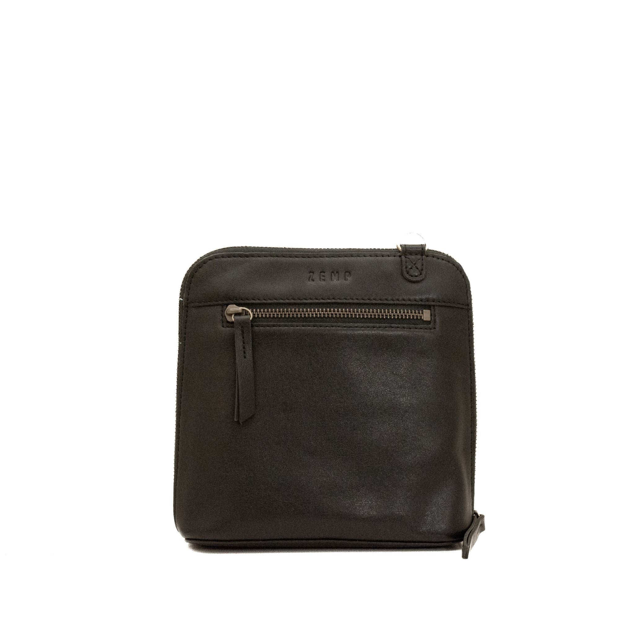 Black leather crossbody bag on a white background
