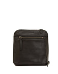 Black leather crossbody bag on a white background