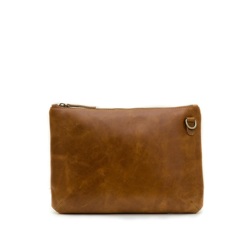 Brown leather clutch bag on a white background