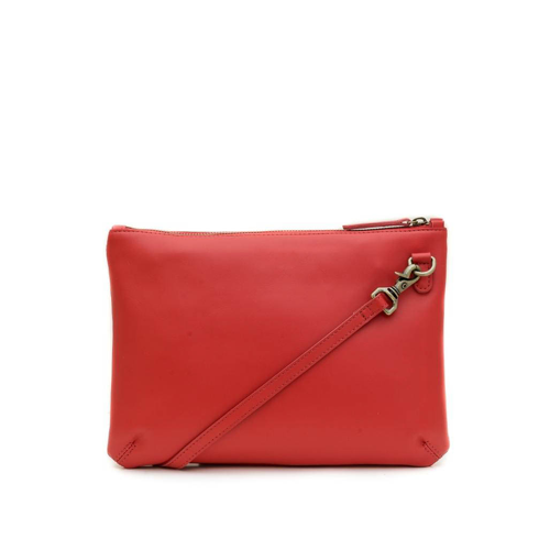 Red leather clutch bag with a strap on a white background