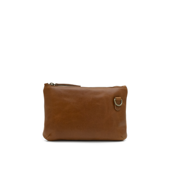 Brown leather pouch with a zipper on a white background