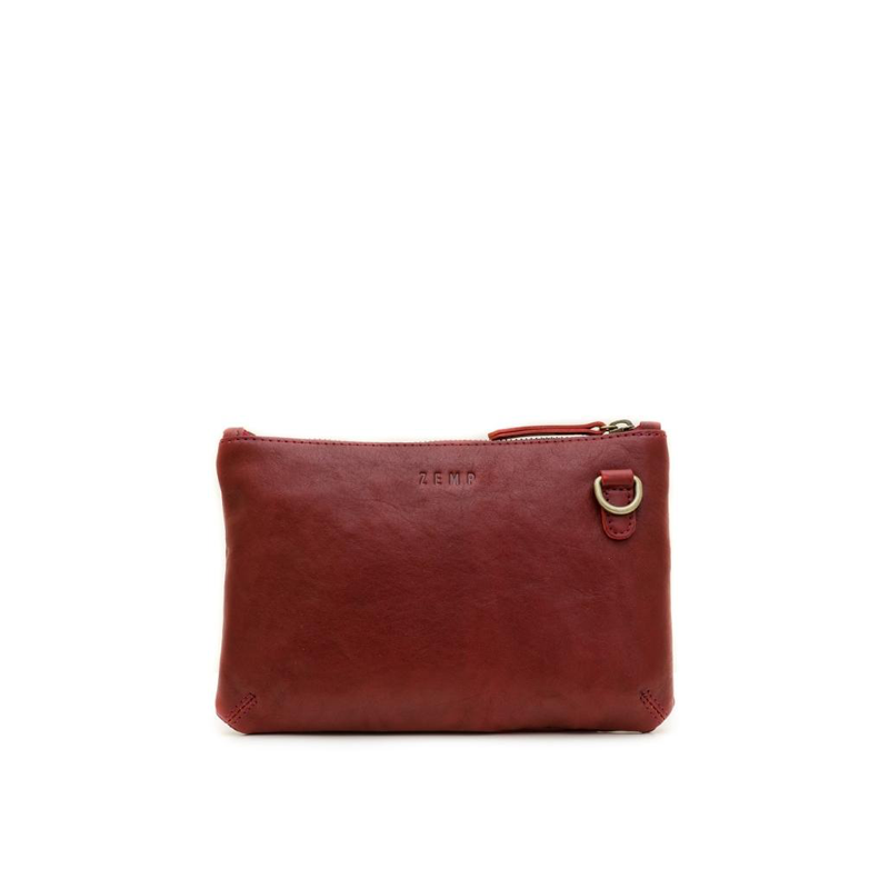 Red leather pouch with a gold buckle on a white background