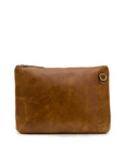 Brown leather clutch bag on a white background