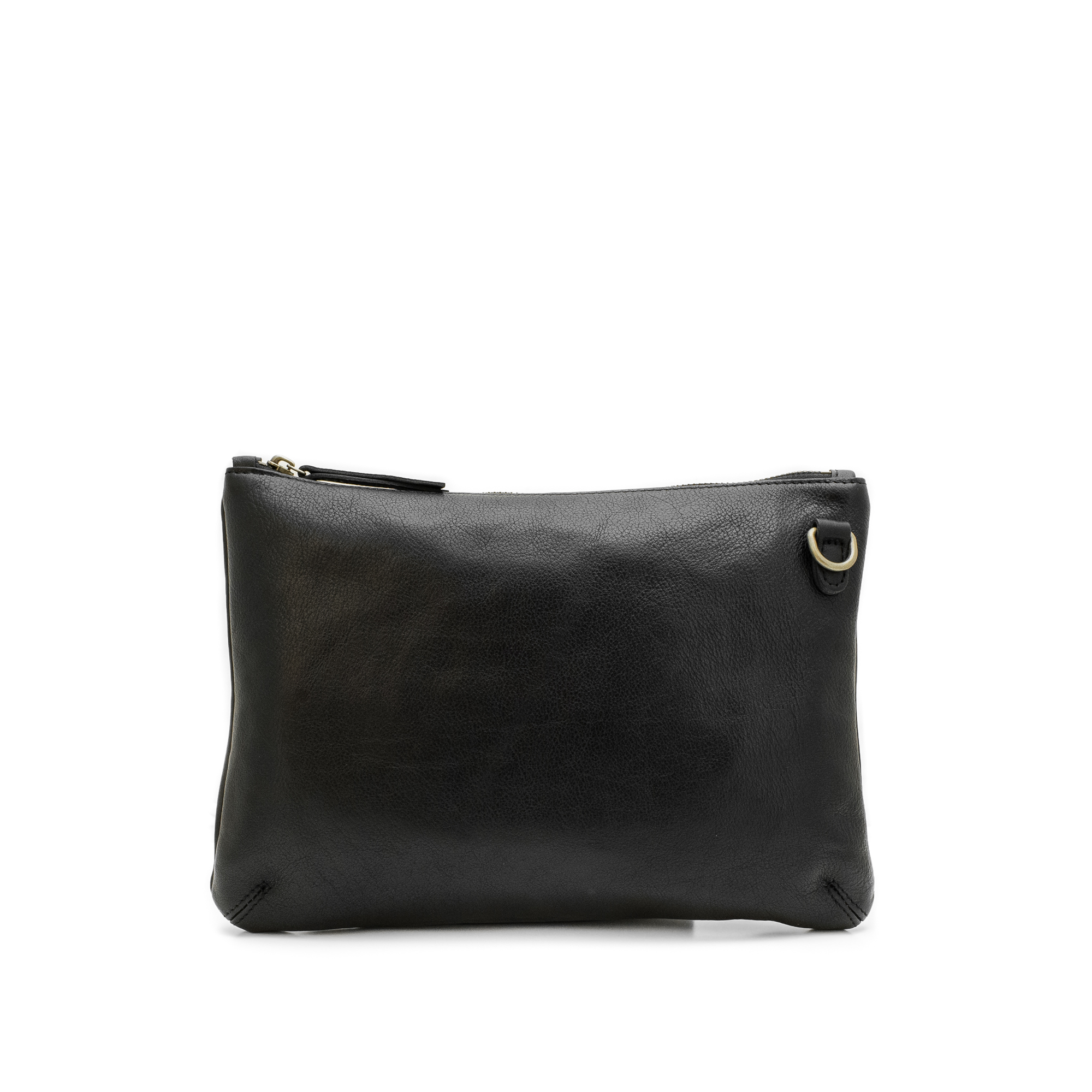 Black leather clutch bag with gold zipper on a white background