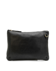 Black leather clutch bag with gold zipper on a white background