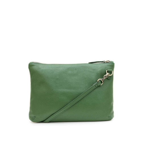 Green leather clutch bag with a strap on a white background