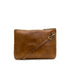 Brown leather clutch bag with a strap on a white background