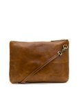 Brown leather clutch bag with a strap on a white background