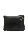 Black leather crossbody bag on a white background