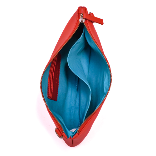 Red zipper pouch with blue interior on a white background