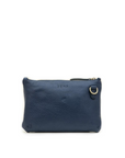 Navy blue leather pouch with a gold zipper on a white background