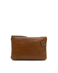 Brown leather pouch with a zipper on a white background