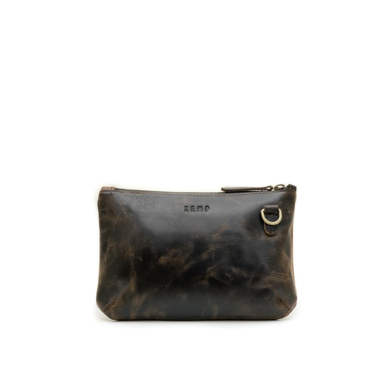Brown leather pouch with gold zipper on a white background