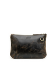 Brown leather pouch with gold zipper on a white background
