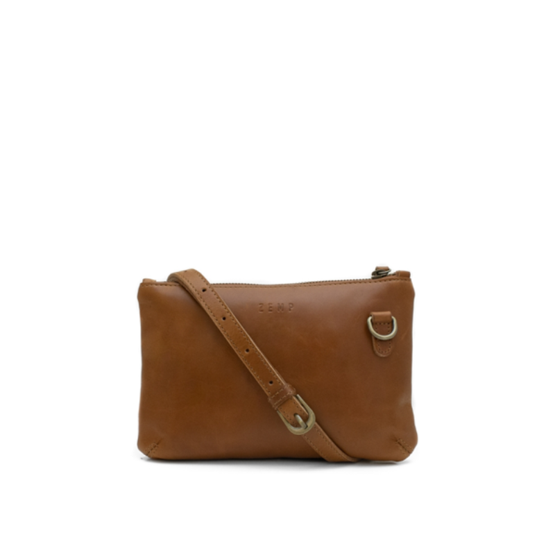 Brown leather crossbody bag on a white background