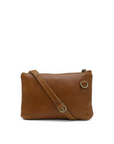 Brown leather crossbody bag on a white background