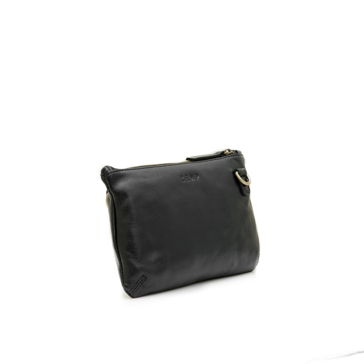 Black leather crossbody bag on a white background