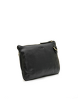 Black leather crossbody bag on a white background