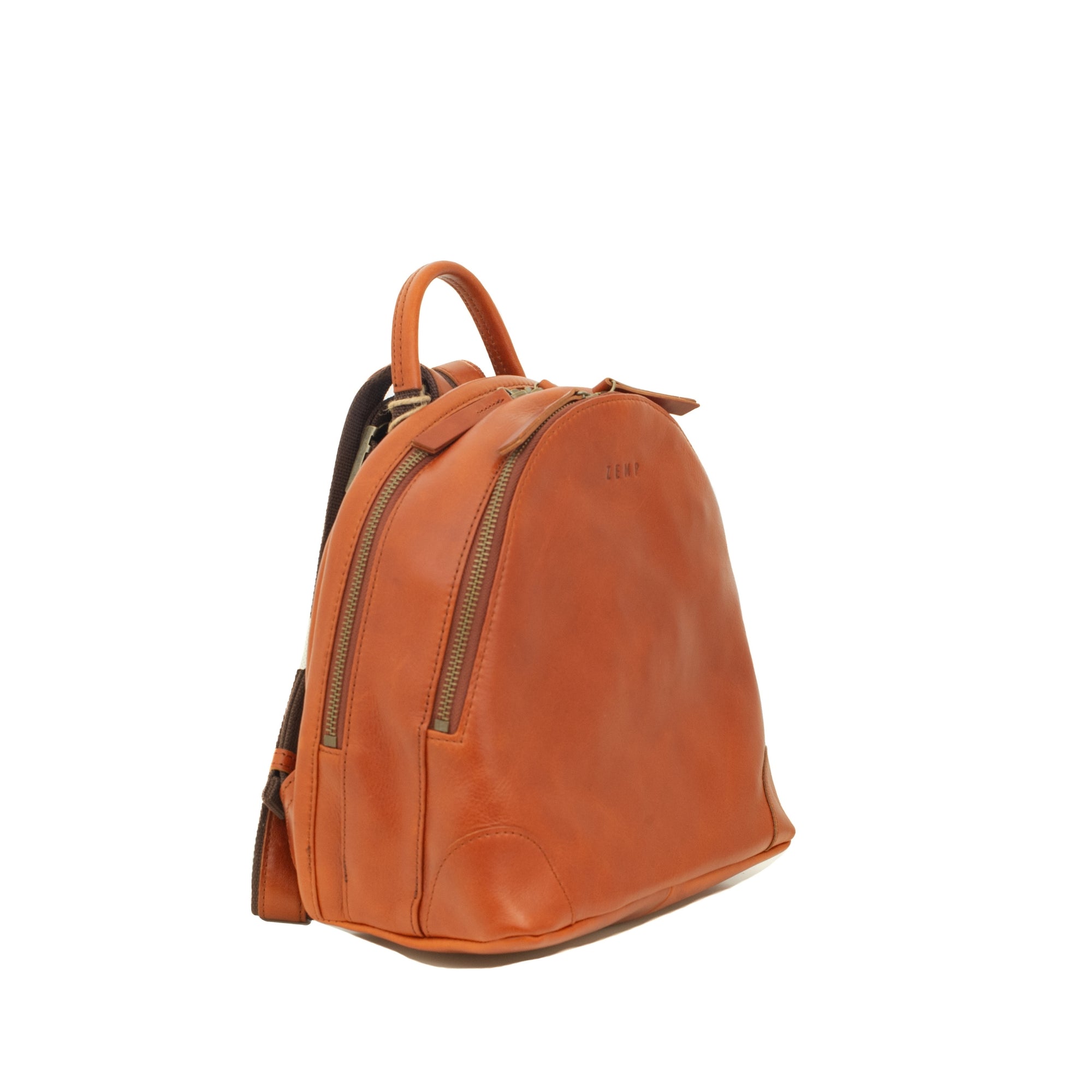 Orange leather backpack on a white background