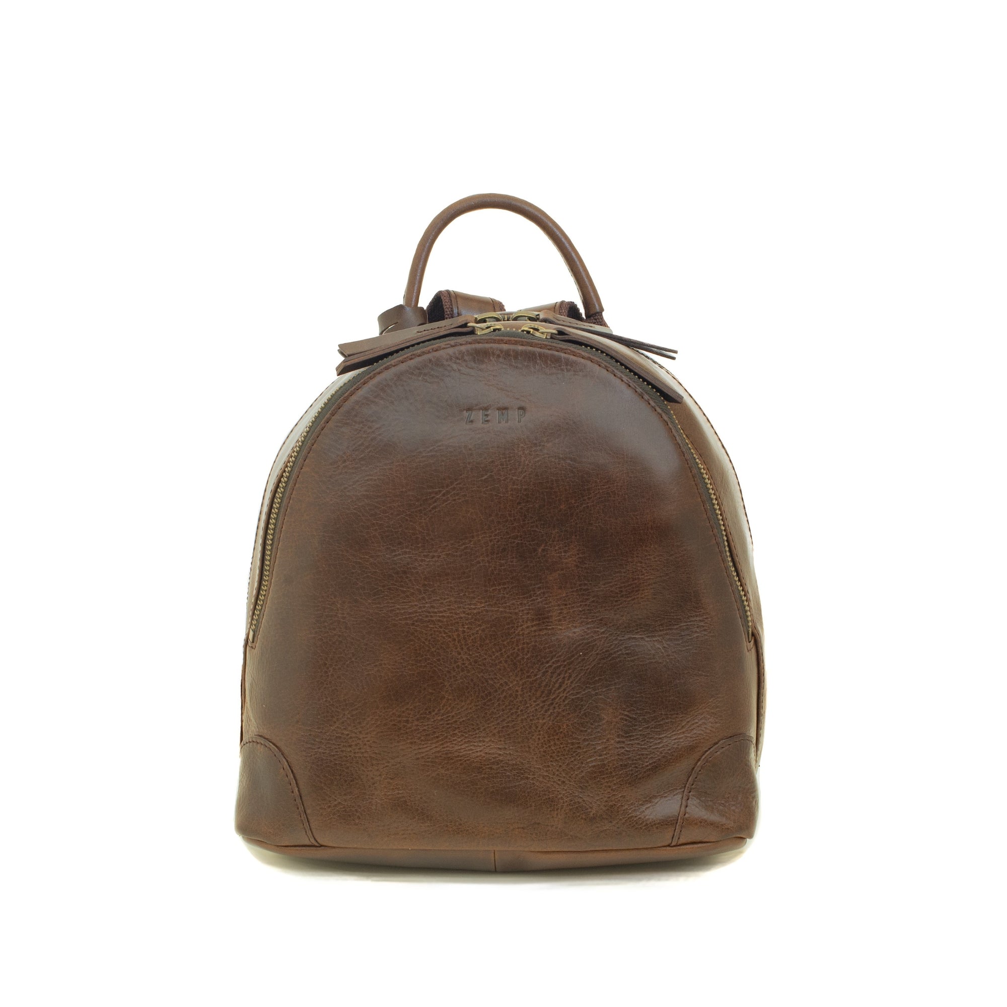 Brown leather backpack on a white background