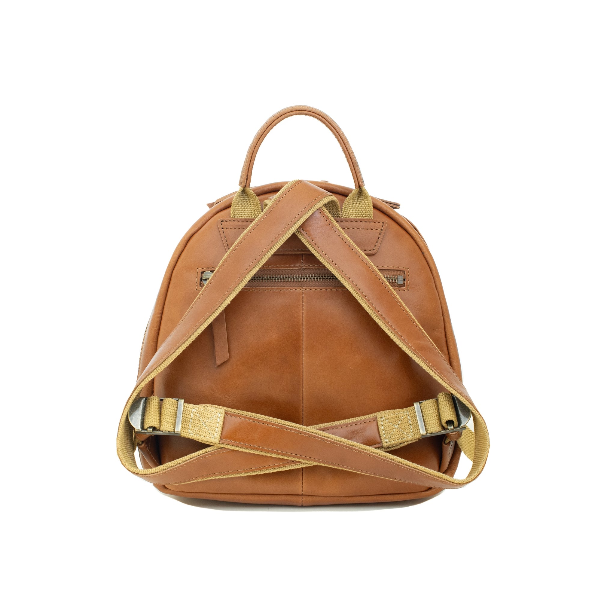 Brown leather backpack with gold straps on a white background