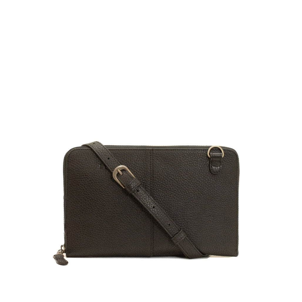 A dark brown pebbled leather clutch bag with a matching adjustable shoulder strap, gold-tone buckle, and zipper pull, shown against a plain white background.