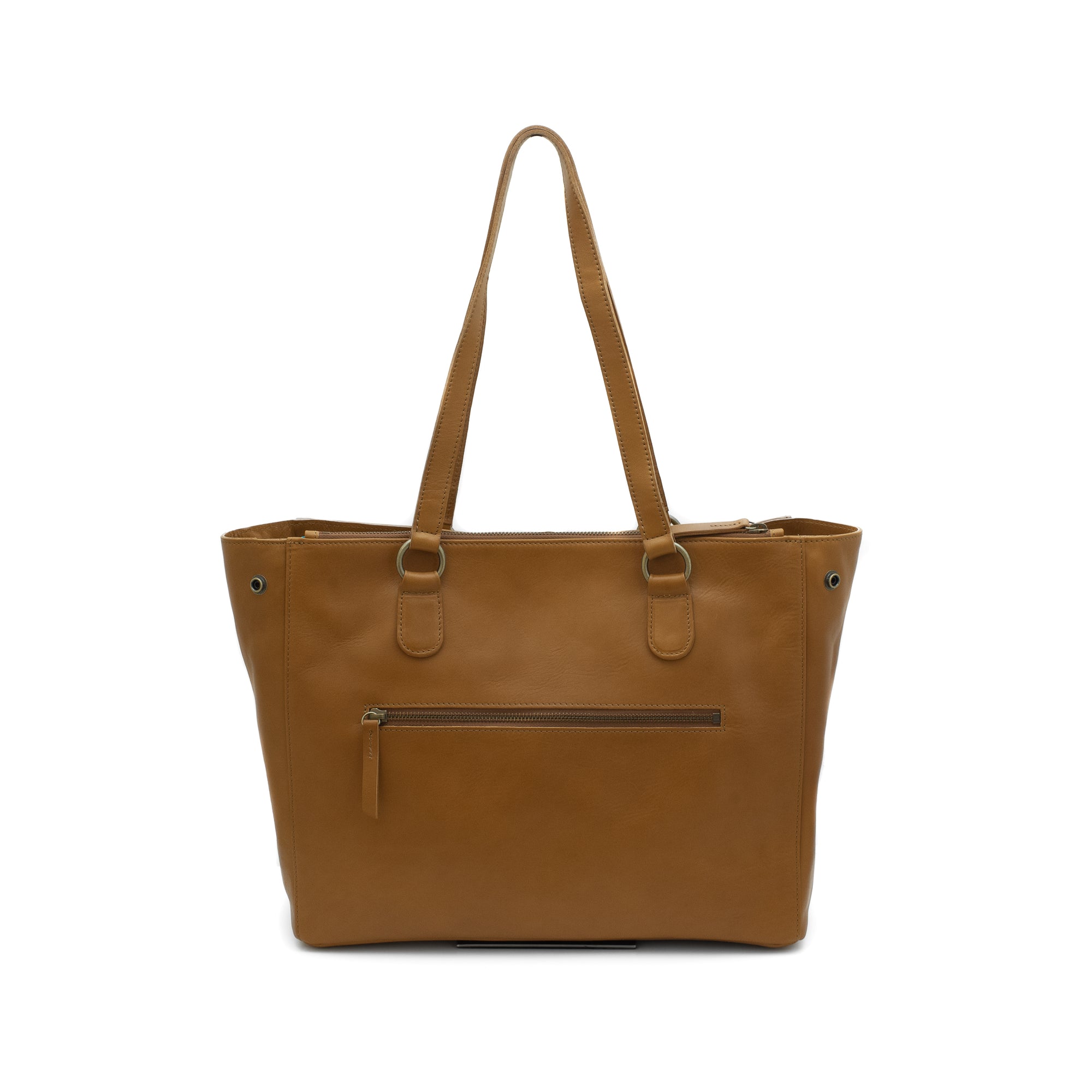 Brown leather tote bag on a white background