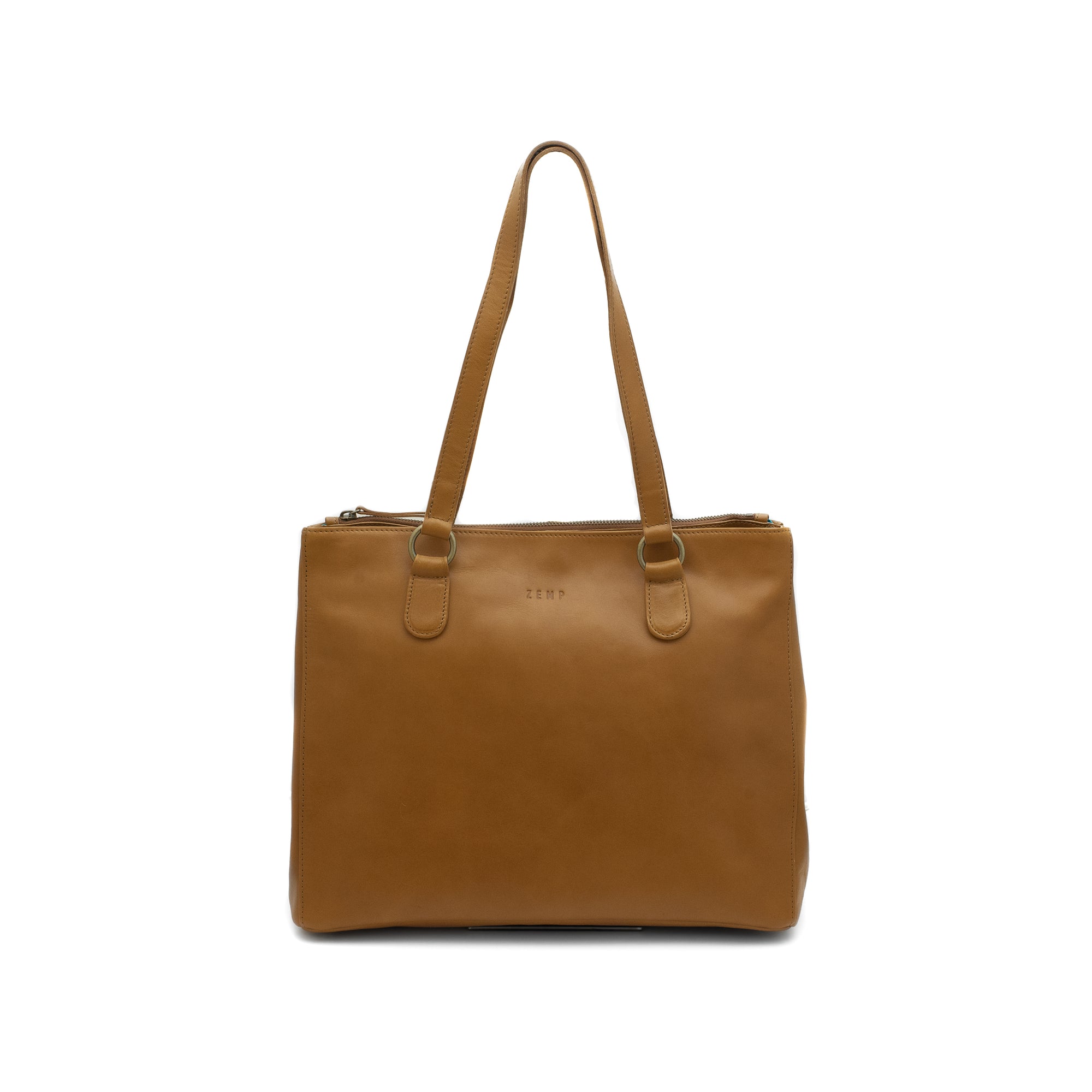 Brown leather tote bag on a white background