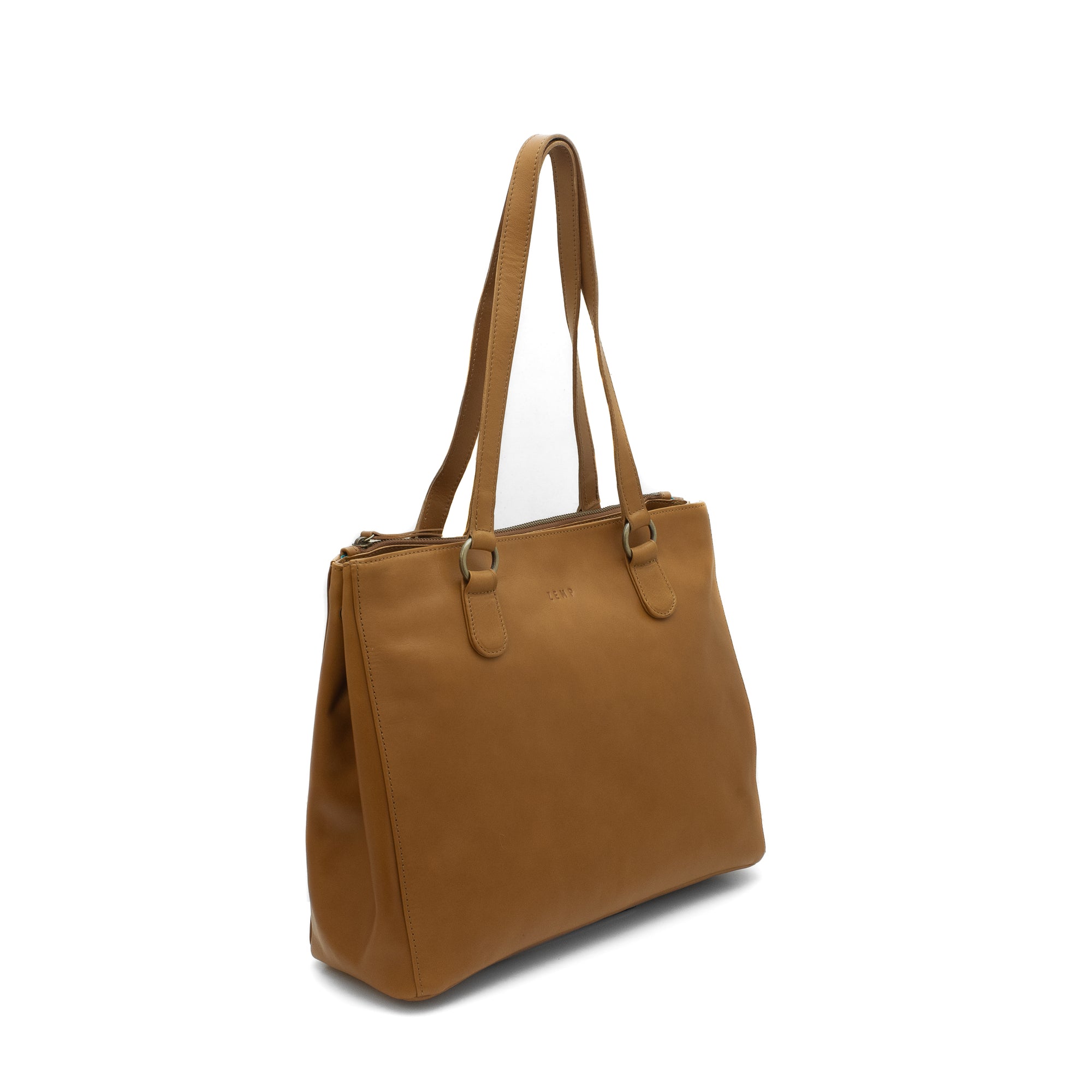 Brown leather handbag on a white background
