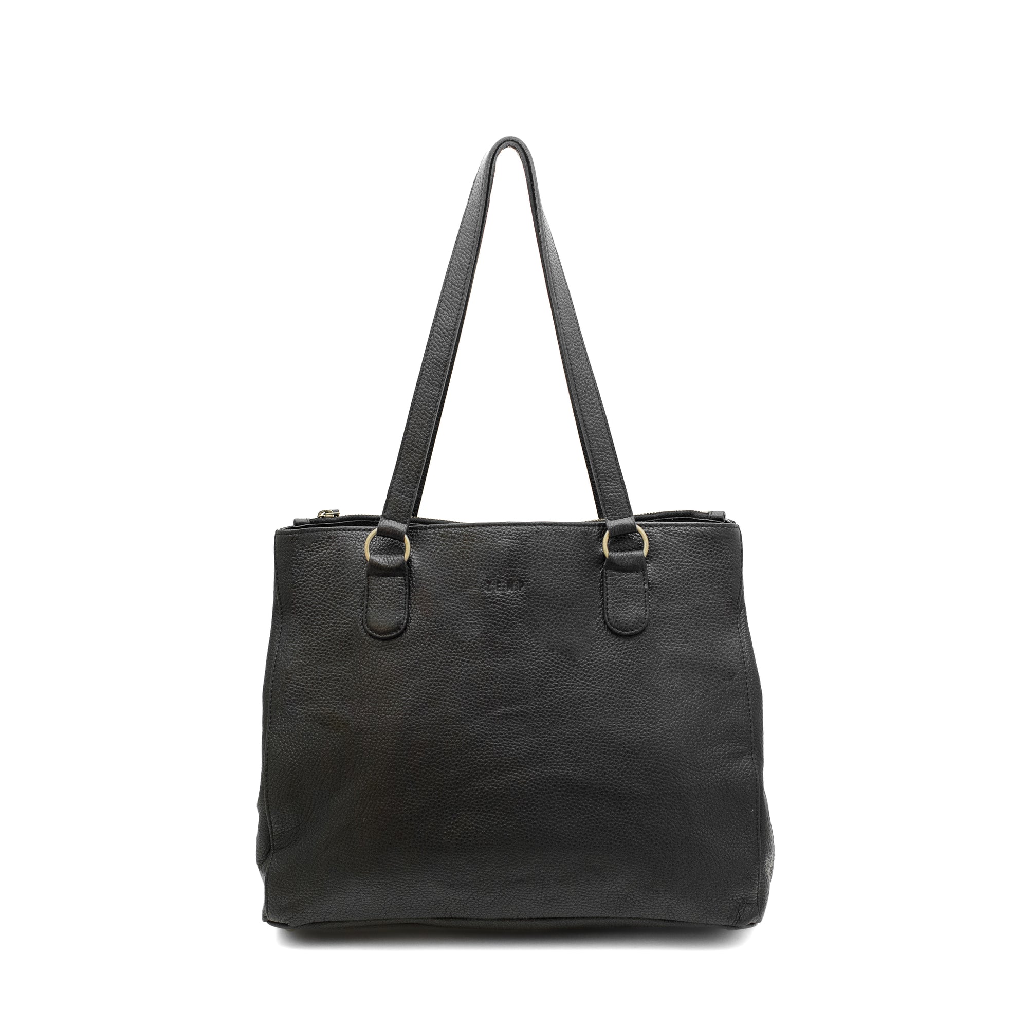 Black leather handbag with a shoulder strap on a white background