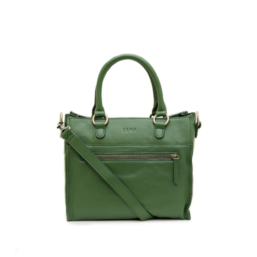 Green handbag with a shoulder strap on a white background