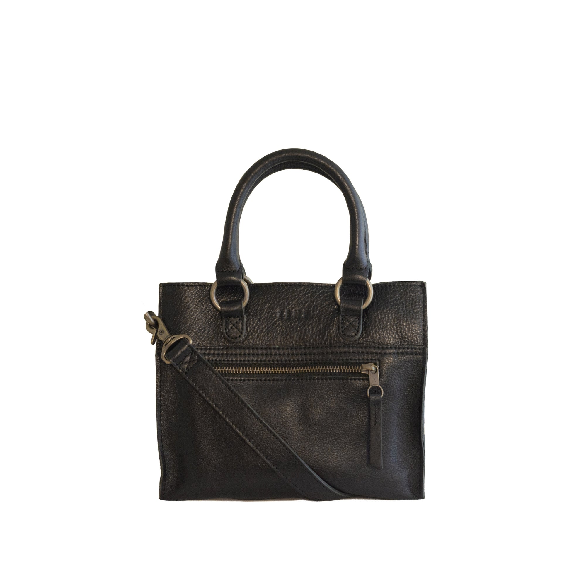 Black leather handbag with a crossbody strap on a white background