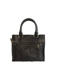 Black leather handbag with a crossbody strap on a white background