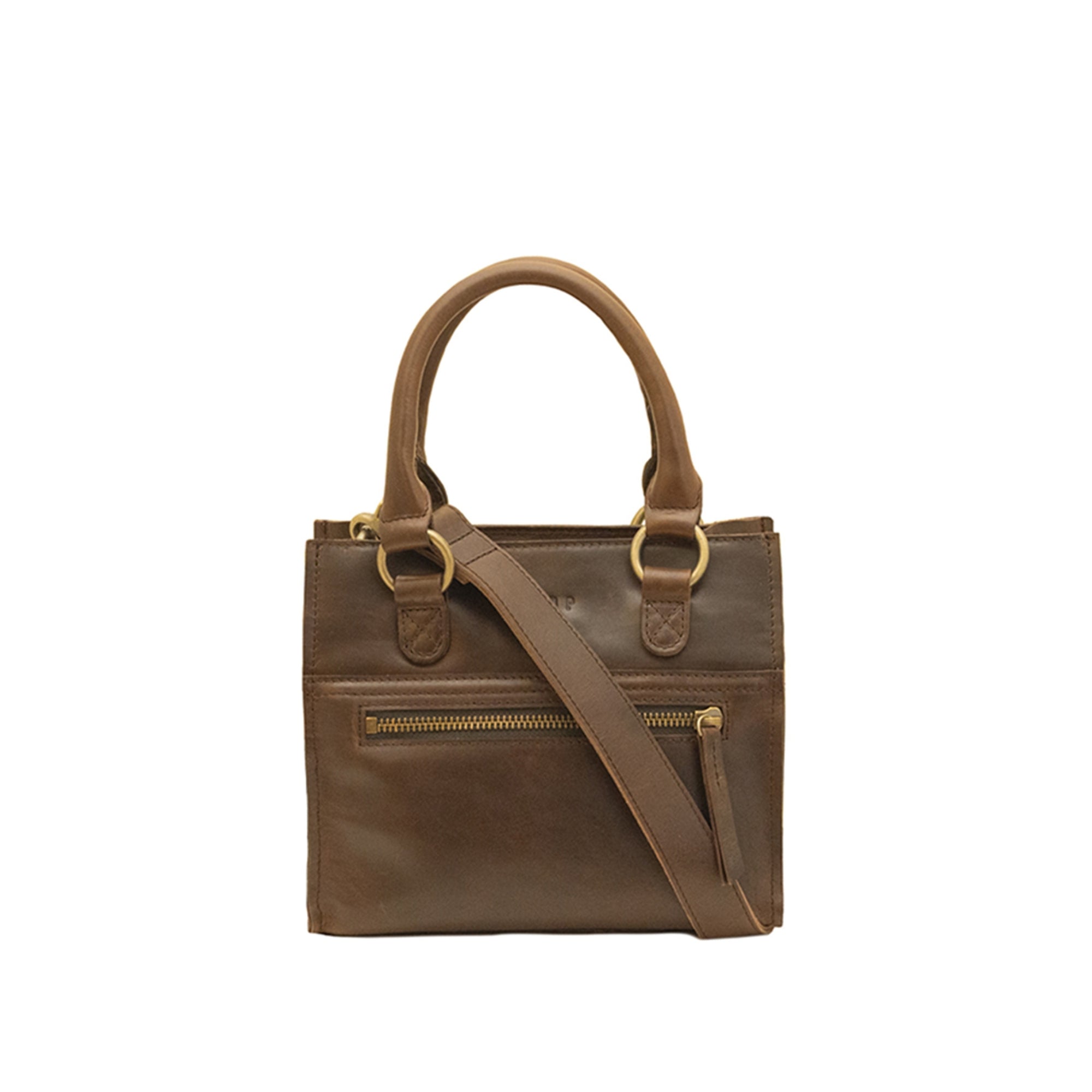 Brown leather handbag with a crossbody strap on a white background