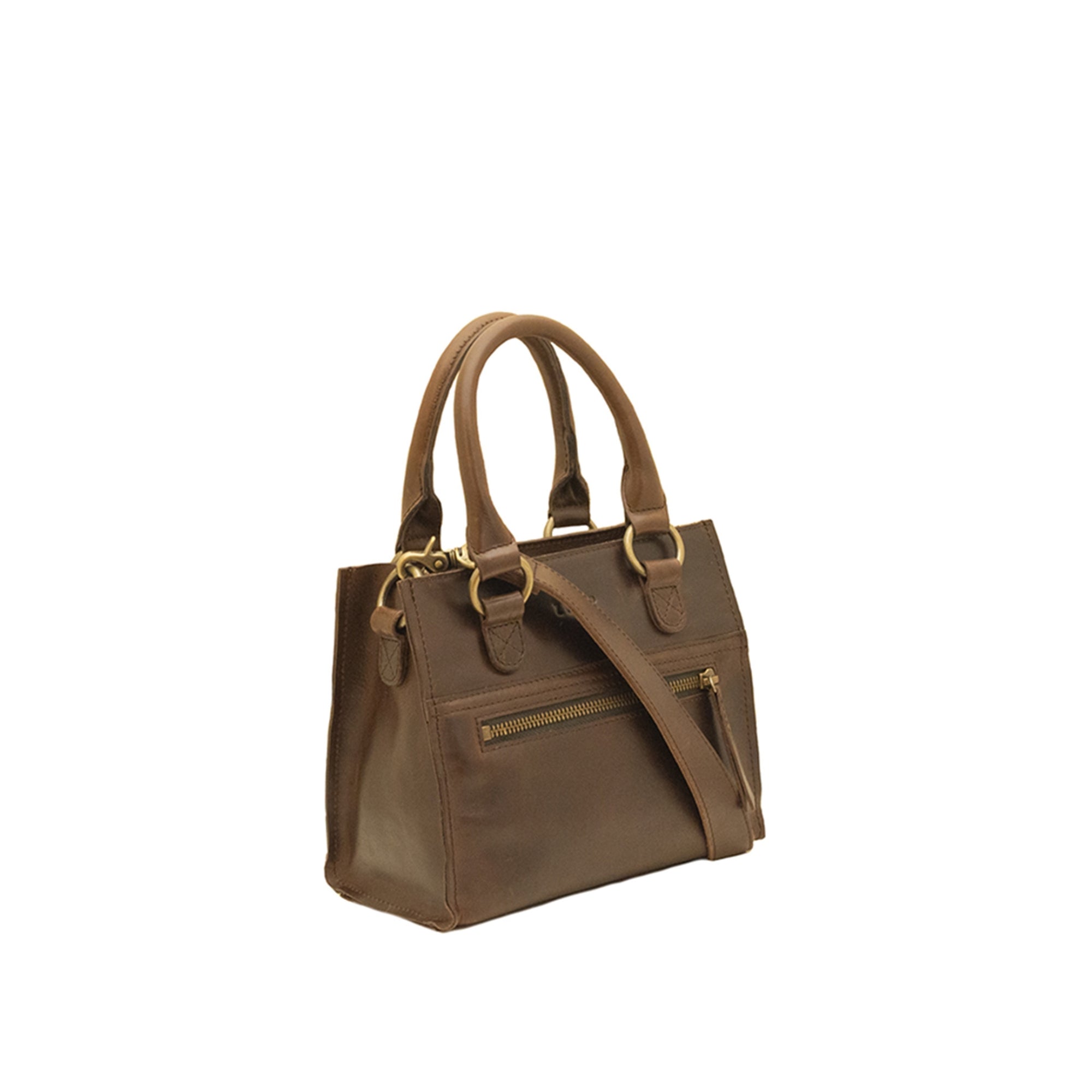 Brown handbag with gold accents on a white background