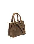 Brown handbag with gold accents on a white background