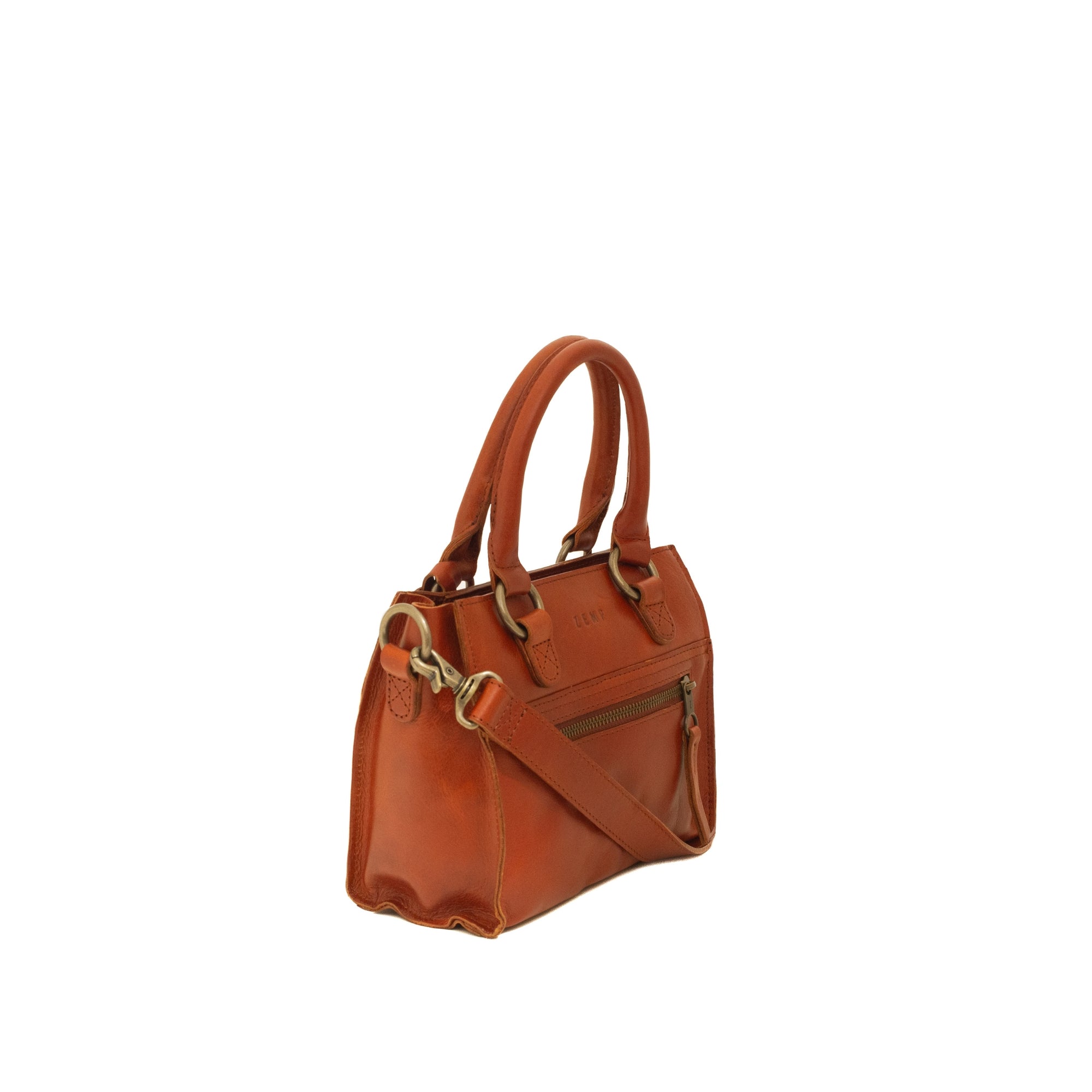 Brown leather handbag with gold accents on a white background