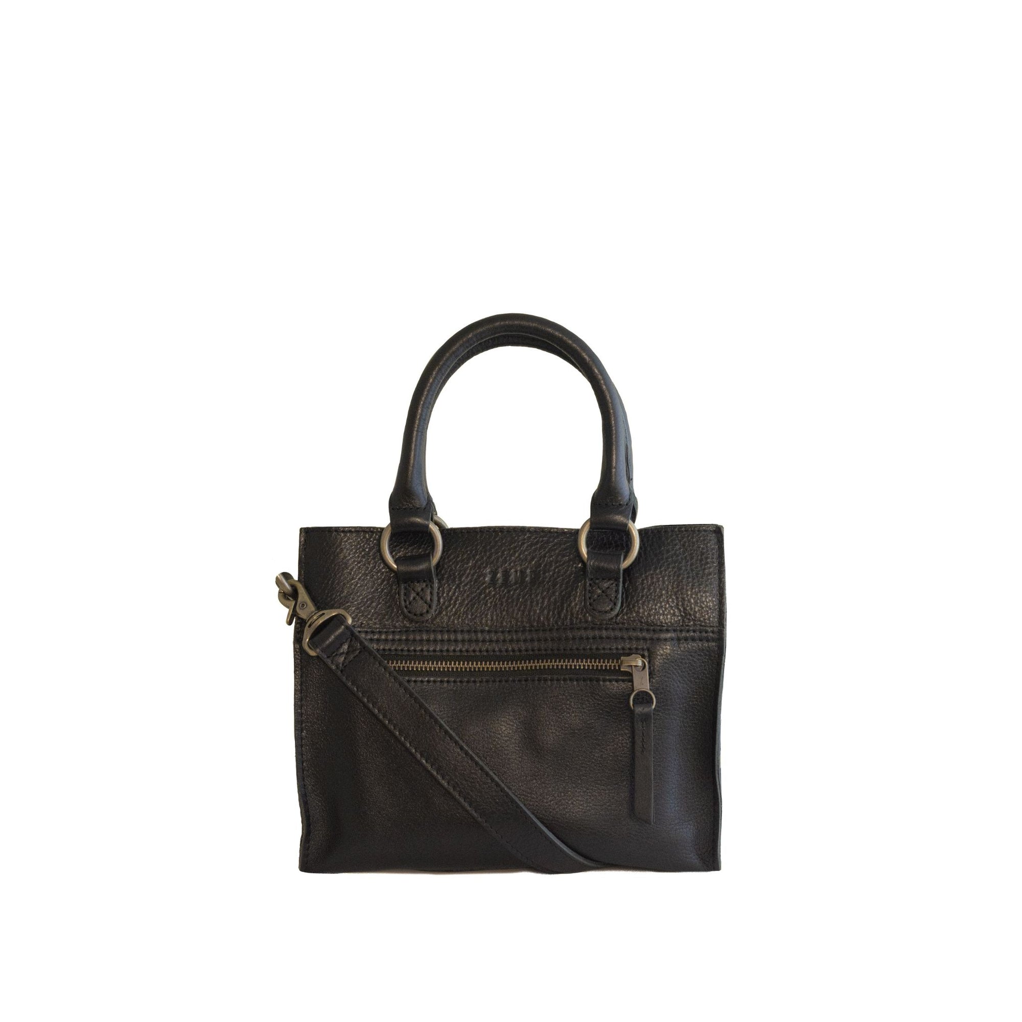 Black leather handbag with a strap on a white background