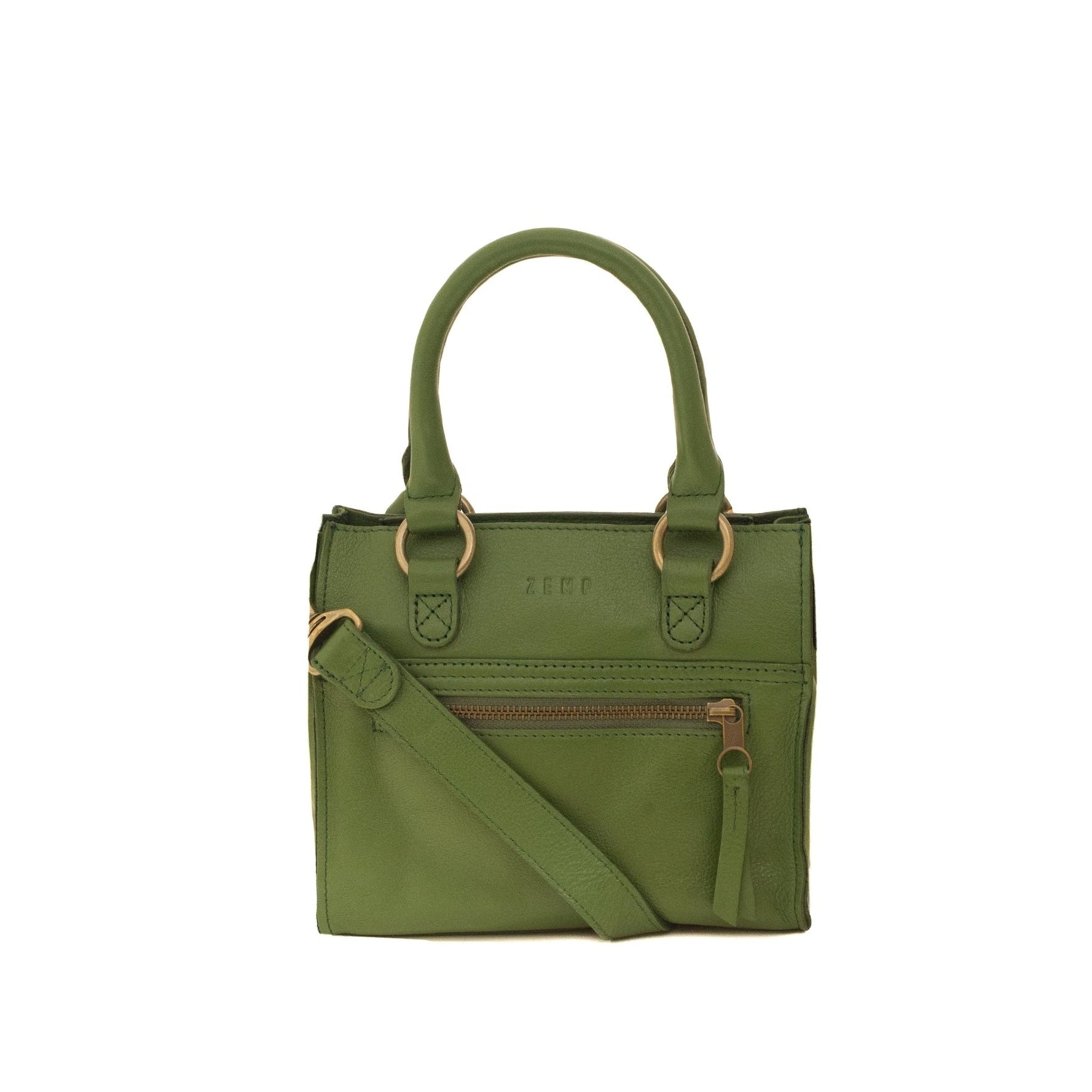 Green handbag with a strap on a white background