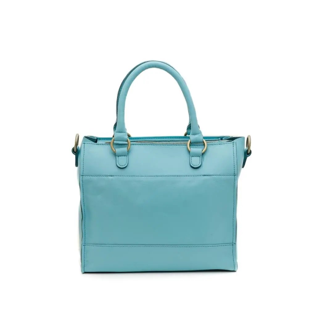 Light blue leather bag on a white background