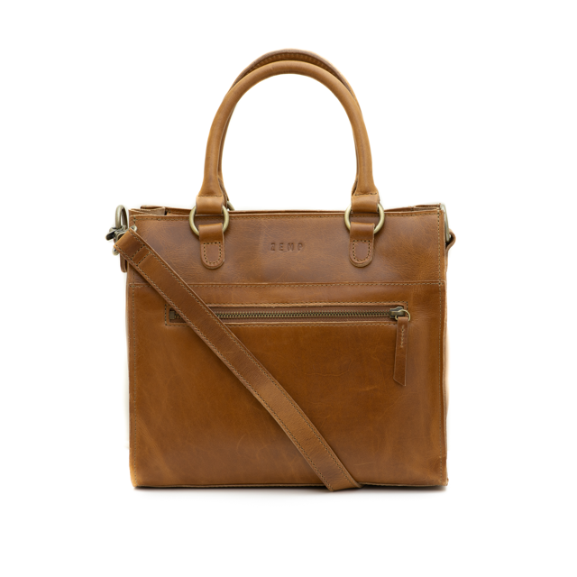 Brown leather tote bag with a shoulder strap on a white background