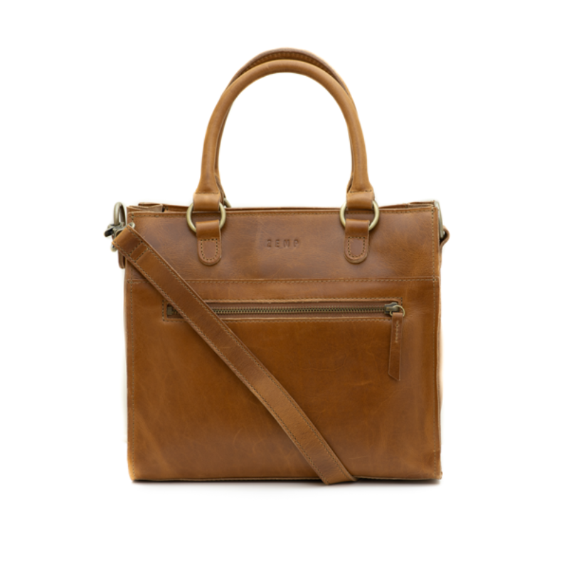 Brown leather handbag with a shoulder strap on a white background