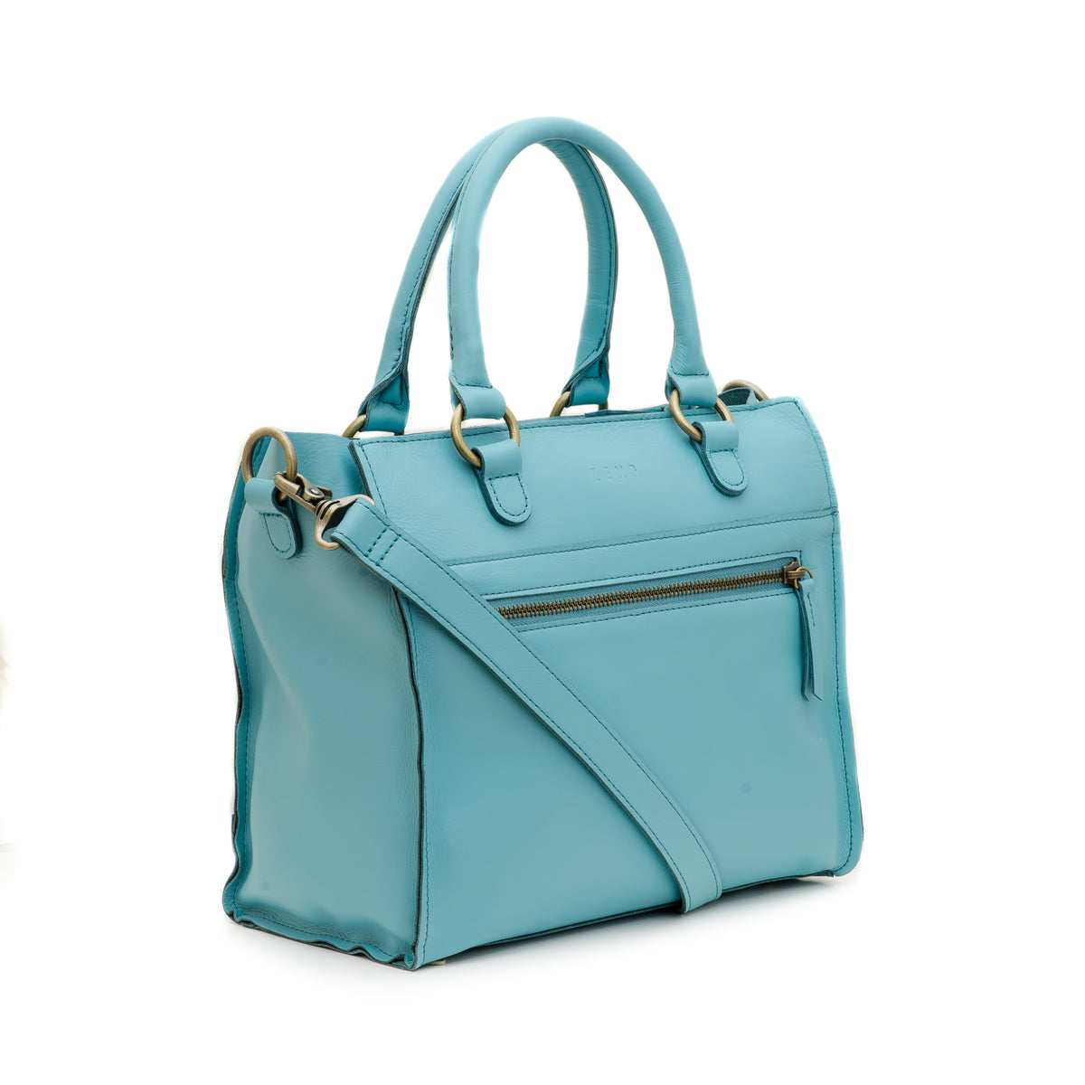 Light blue leather bag on a white background