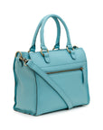 Light blue leather bag on a white background