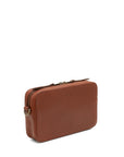 Brown leather bag with a visible brand logo on a white background